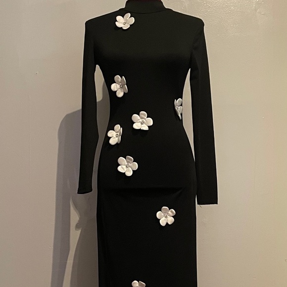 SHEIN White Floral Decor Black Stand Collar Long Sleeve Maxi Dress Size XXS - Picture 8 of 16